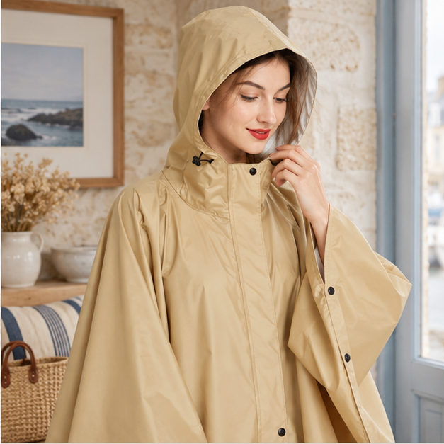 Poncho De Pluie Femme Beige – Beige / Adulte, dans un intérieur côtier lumineux