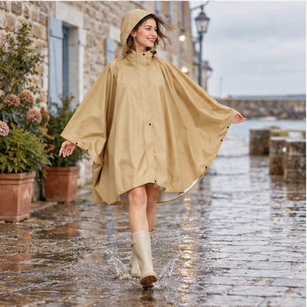 Poncho De Pluie Femme Beige – Beige / Adulte, porté en mouvement au bord de l’océan