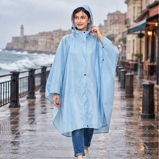 Poncho De Pluie Femme Bleu Clair – Bleu Clair / Adulte, en situation sur la côte Atlantique
