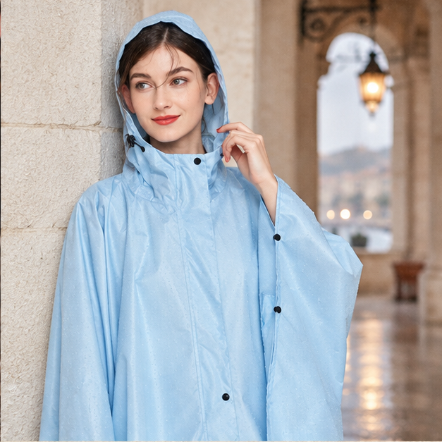 Poncho De Pluie Femme Bleu Clair – Bleu Clair / Adulte, dans un intérieur côtier lumineux