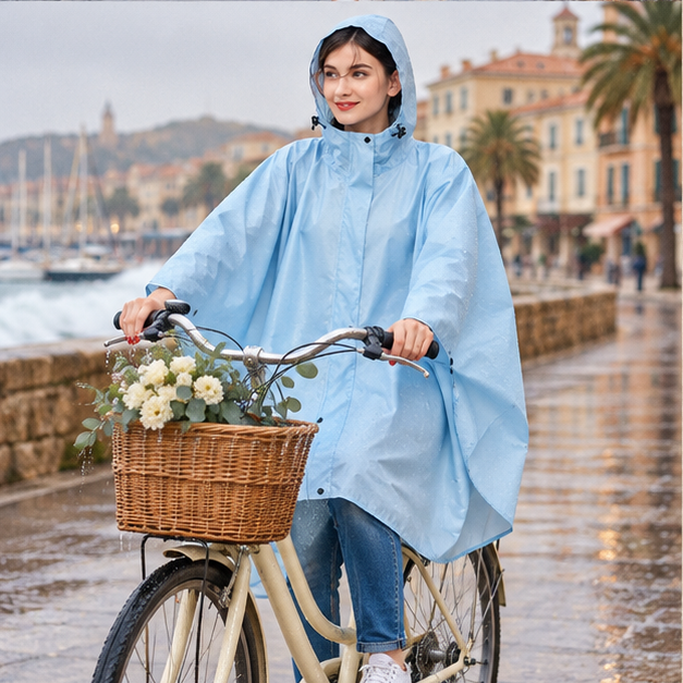 Poncho De Pluie Femme Bleu Clair – Bleu Clair / Adulte, porté en mouvement au bord de l’océan