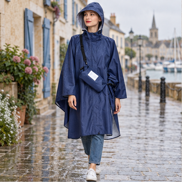 Poncho De Pluie Femme Bleu Marine – Bleu Marine / Adulte, en situation sur la côte Atlantique