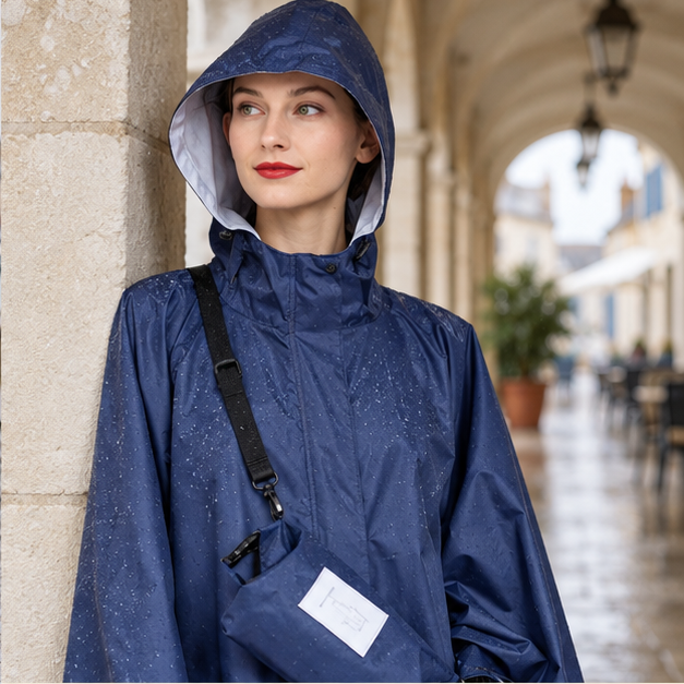 Poncho De Pluie Femme Bleu Marine – Bleu Marine / Adulte, dans un intérieur côtier lumineux