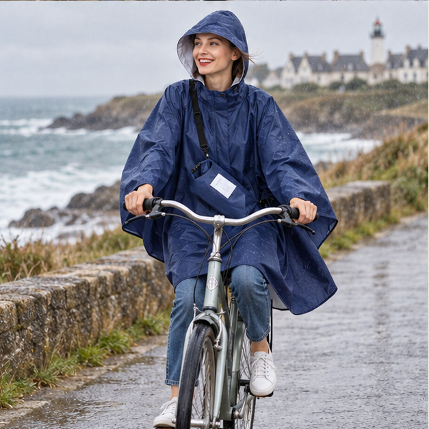Poncho De Pluie Femme Bleu Marine – Bleu Marine / Adulte, porté en mouvement au bord de l’océan