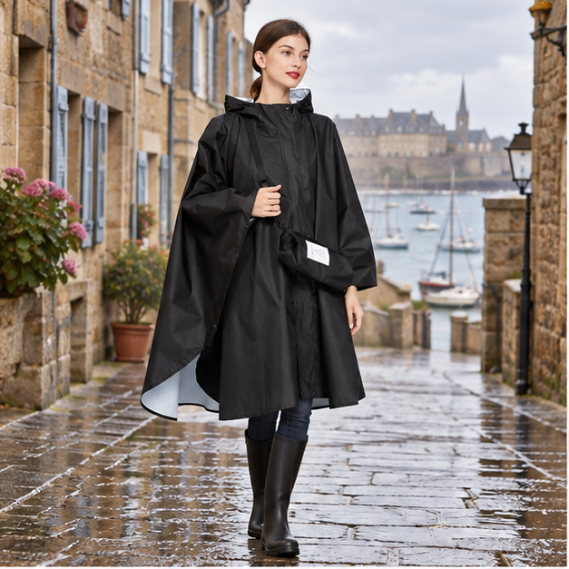 Poncho De Pluie Femme Noir – Noir / Adulte, en situation sur la côte Atlantique