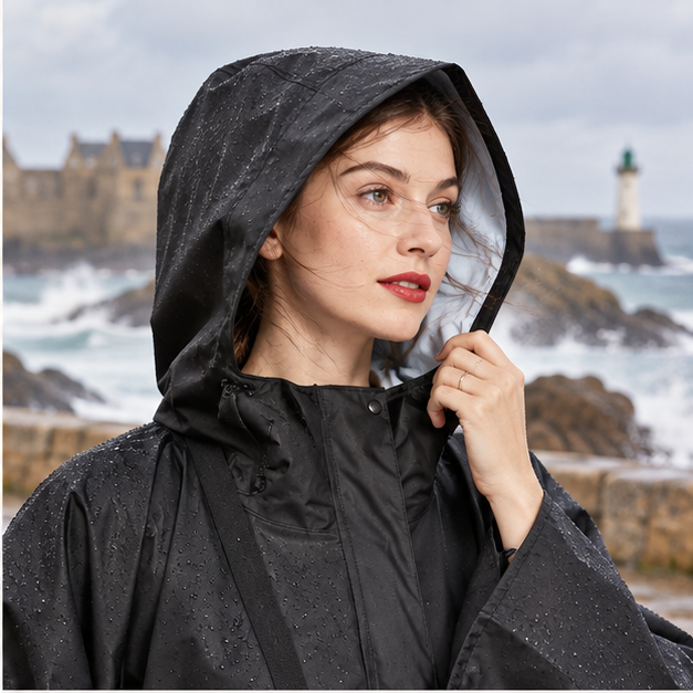 Poncho De Pluie Femme Noir – Noir / Adulte, dans un intérieur côtier lumineux