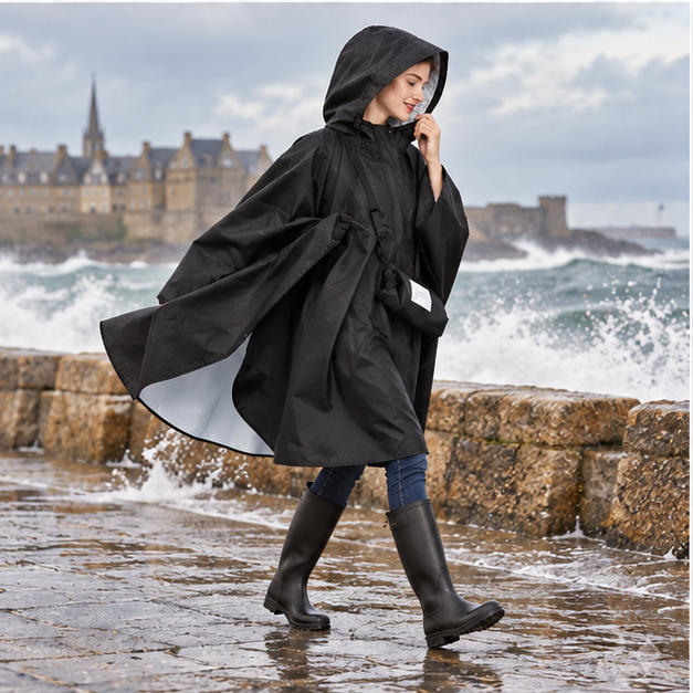 Poncho De Pluie Femme Noir – Noir / Adulte, porté en mouvement au bord de l’océan