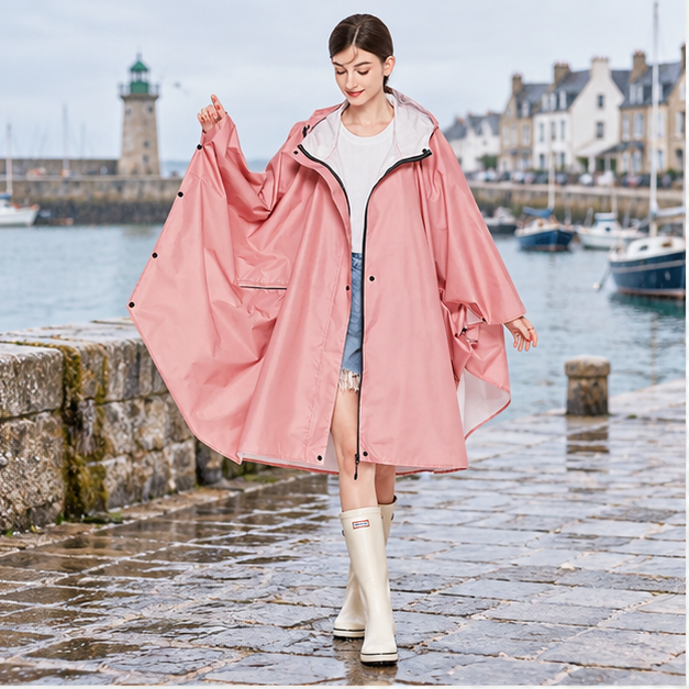 Poncho De Pluie Femme Rose – Rose / Adulte, en situation sur la côte Atlantique