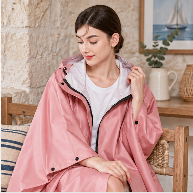 Poncho De Pluie Femme Rose – Rose / Adulte, dans un intérieur côtier lumineux