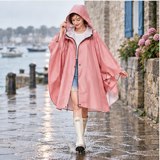Poncho De Pluie Femme Rose – Rose / Adulte, porté en mouvement au bord de l’océan