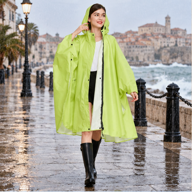 Poncho De Pluie Femme Vert Clair – Vert clair / Adulte, en situation sur la côte Atlantique