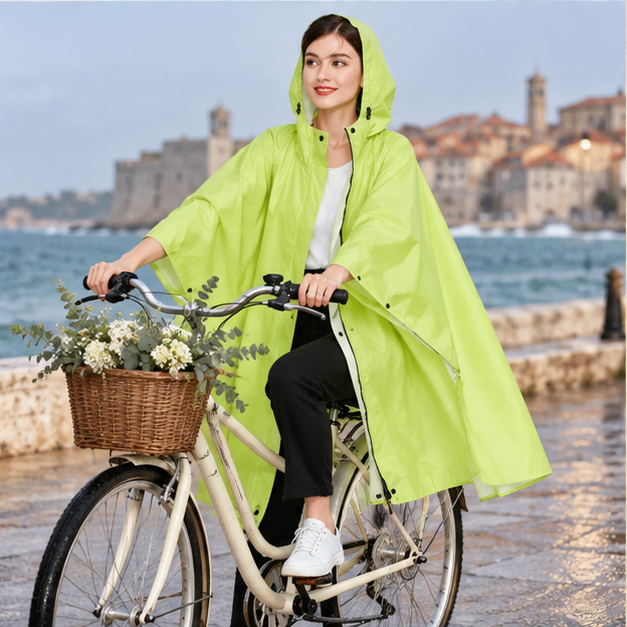Poncho De Pluie Femme Vert Clair – Vert clair / Adulte, porté en mouvement au bord de l’océan