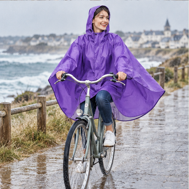 Poncho De Pluie Femme Violet – Violet / Adulte, porté en mouvement au bord de l’océan