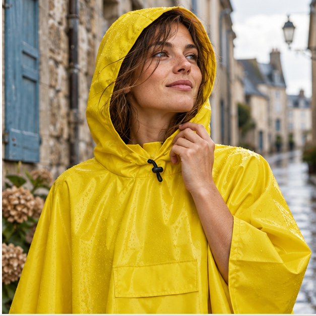 Poncho De Pluie Jaune – Jaune / Adulte, dans un intérieur côtier lumineux