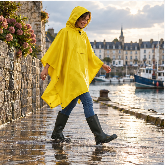 Poncho De Pluie Jaune – Jaune / Adulte, porté en mouvement au bord de l’océan