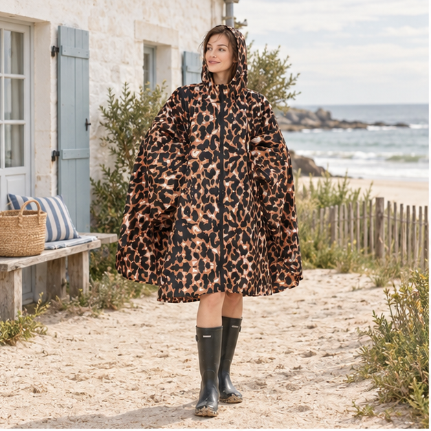 Poncho De Pluie Leopard – Camel / Adulte, en situation sur la côte Atlantique