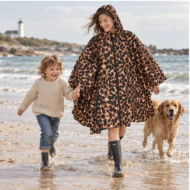 Poncho De Pluie Leopard – Camel / Adulte, porté en mouvement au bord de l’océan