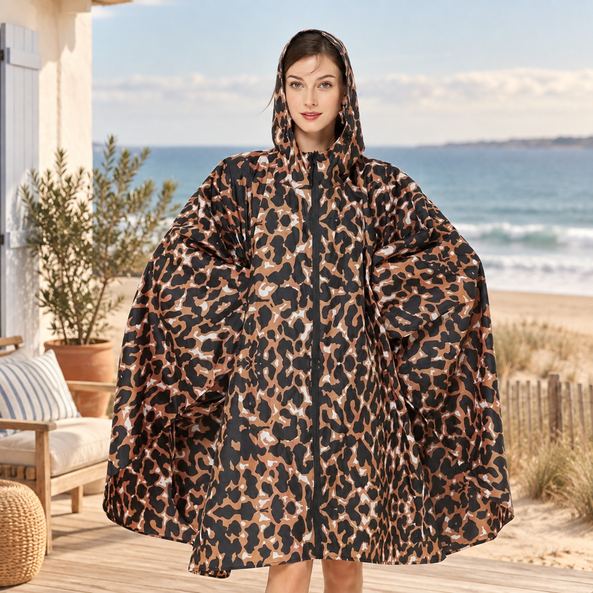 Poncho De Pluie Leopard – Camel / Adulte, visuel principal lifestyle
