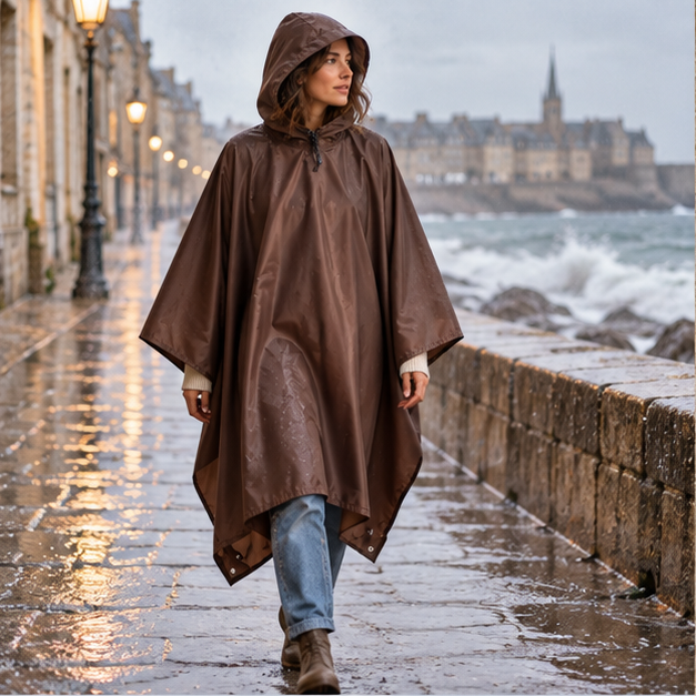 Poncho De Pluie Marron – Marron / Adulte, en situation sur la côte Atlantique