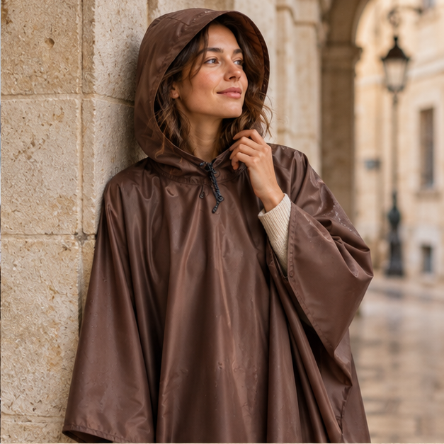 Poncho De Pluie Marron – Marron / Adulte, dans un intérieur côtier lumineux