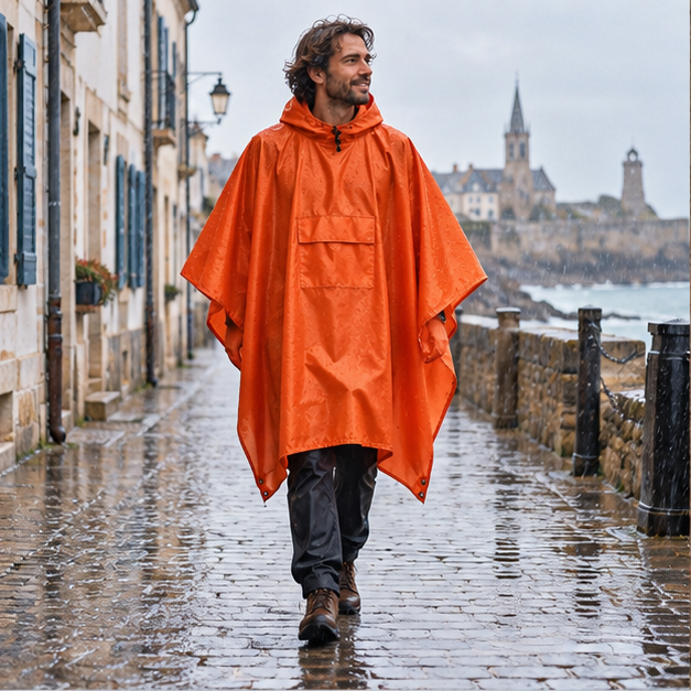 Poncho De Pluie Orange – Orange / Adulte, en situation sur la côte Atlantique