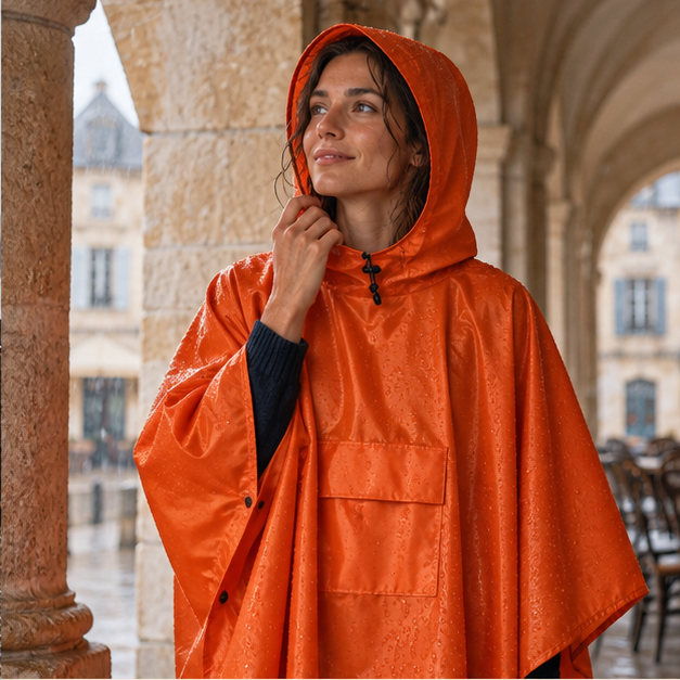 Poncho De Pluie Orange – Orange / Adulte, dans un intérieur côtier lumineux