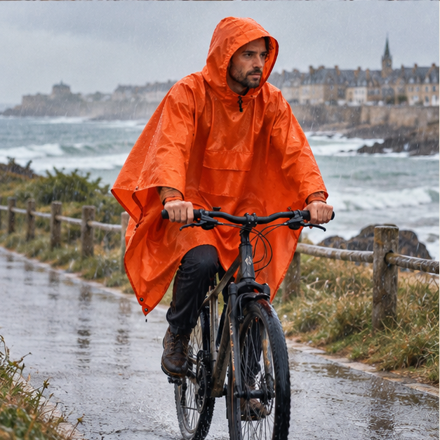 Poncho De Pluie Orange – Orange / Adulte, porté en mouvement au bord de l’océan