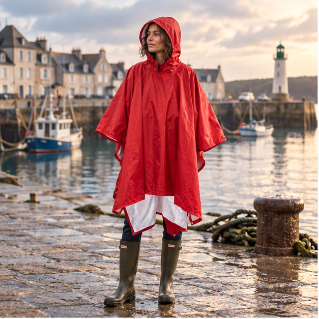 Poncho De Pluie Rouge – Rouge / Adulte, en situation sur la côte Atlantique