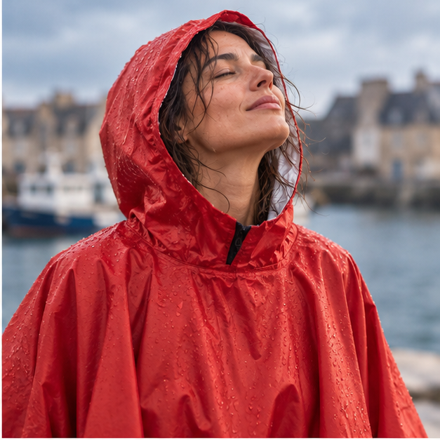 Poncho De Pluie Rouge – Rouge / Adulte, dans un intérieur côtier lumineux