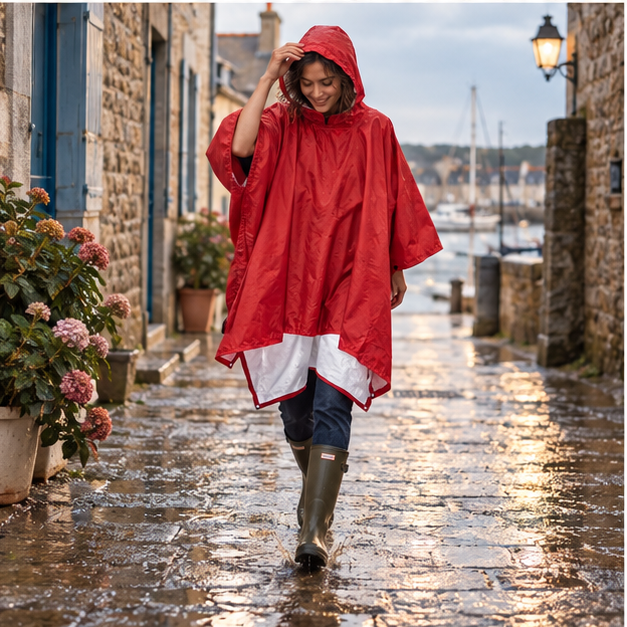 Poncho De Pluie Rouge – Rouge / Adulte, porté en mouvement au bord de l’océan