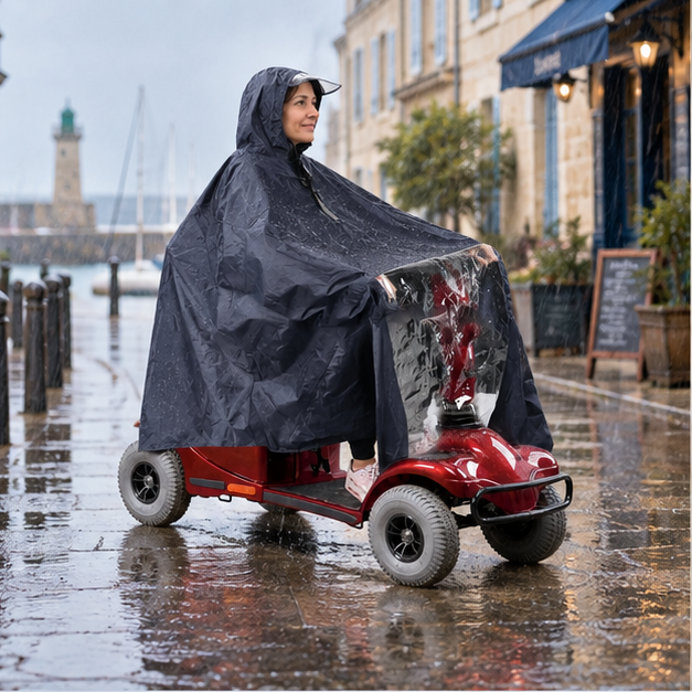 Poncho De Pluie Scooter – Bleu / Unique, en situation sur la côte Atlantique