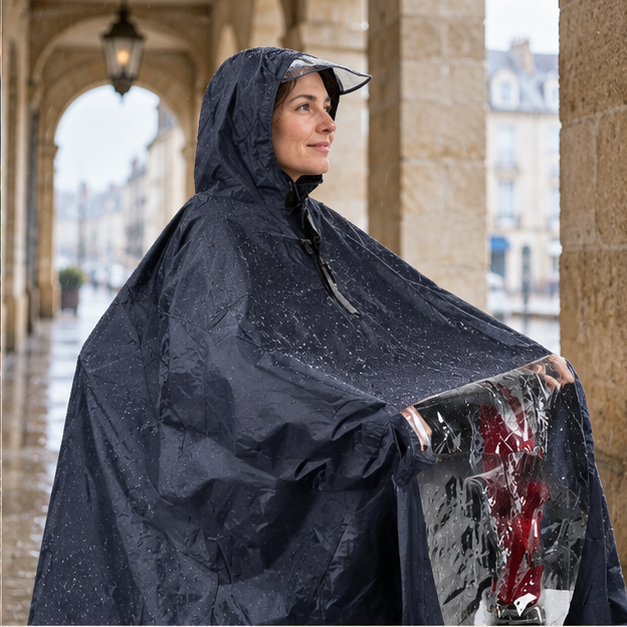 Poncho De Pluie Scooter – Bleu / Unique, dans un intérieur côtier lumineux