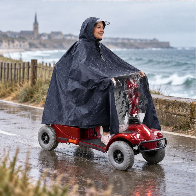 Poncho De Pluie Scooter – Bleu / Unique, porté en mouvement au bord de l’océan