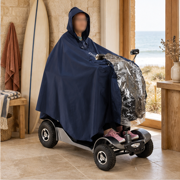 Poncho De Pluie Scooter – Bleu Marine / Unique, dans un intérieur côtier lumineux