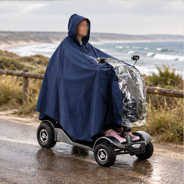 Poncho De Pluie Scooter – Bleu Marine / Unique, porté en mouvement au bord de l’océan
