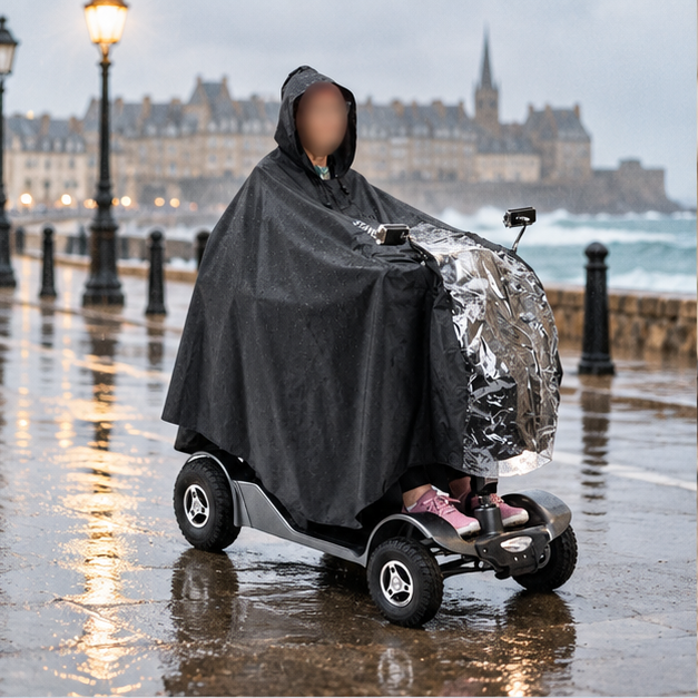 Poncho De Pluie Scooter – Noir / Unique, en situation sur la côte Atlantique