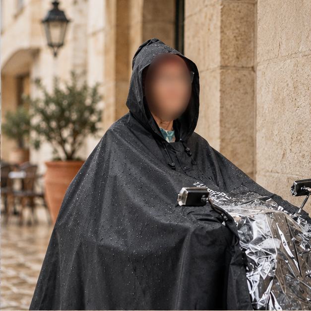 Poncho De Pluie Scooter – Noir / Unique, dans un intérieur côtier lumineux