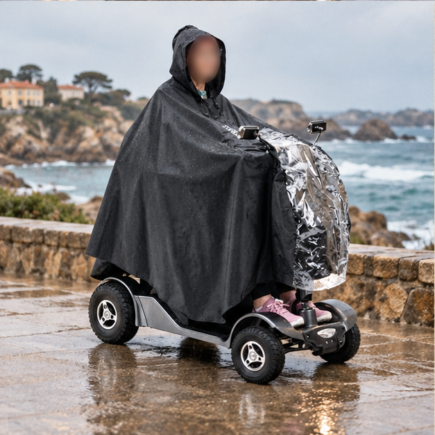 Poncho De Pluie Scooter – Noir / Unique, porté en mouvement au bord de l’océan
