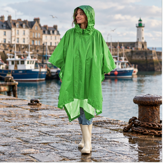 Poncho De Pluie Vert Pomme – Vert / Adulte, en situation sur la côte Atlantique