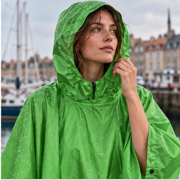 Poncho De Pluie Vert Pomme – Vert / Adulte, dans un intérieur côtier lumineux