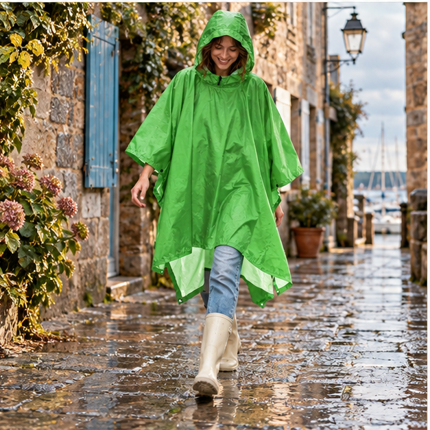 Poncho De Pluie Vert Pomme – Vert / Adulte, porté en mouvement au bord de l’océan