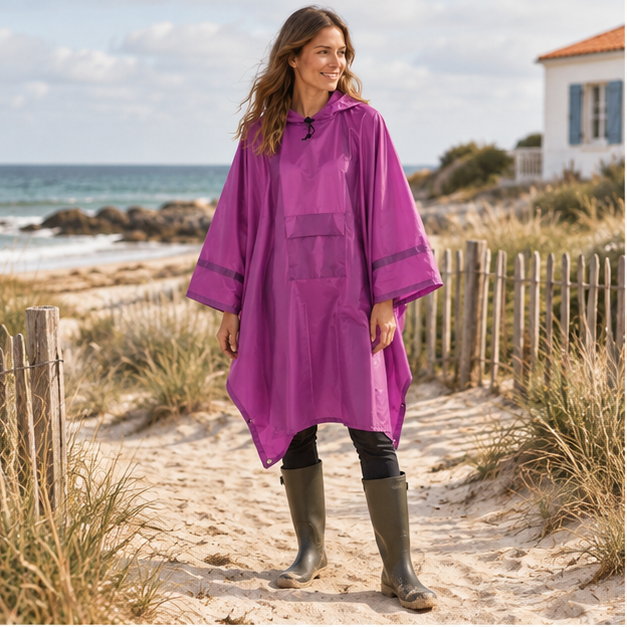 Poncho De Pluie Violet – Violet / Adulte, en situation sur la côte Atlantique