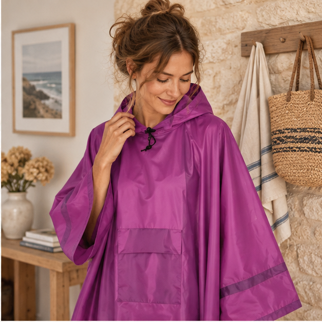Poncho De Pluie Violet – Violet / Adulte, dans un intérieur côtier lumineux