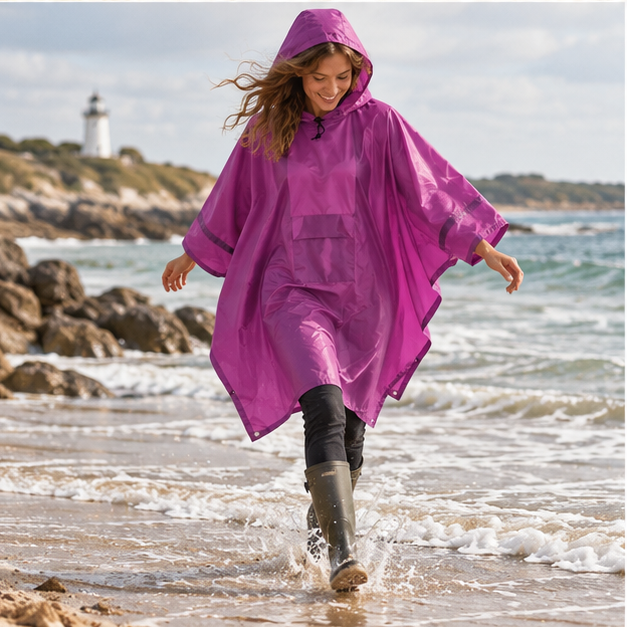 Poncho De Pluie Violet – Violet / Adulte, porté en mouvement au bord de l’océan