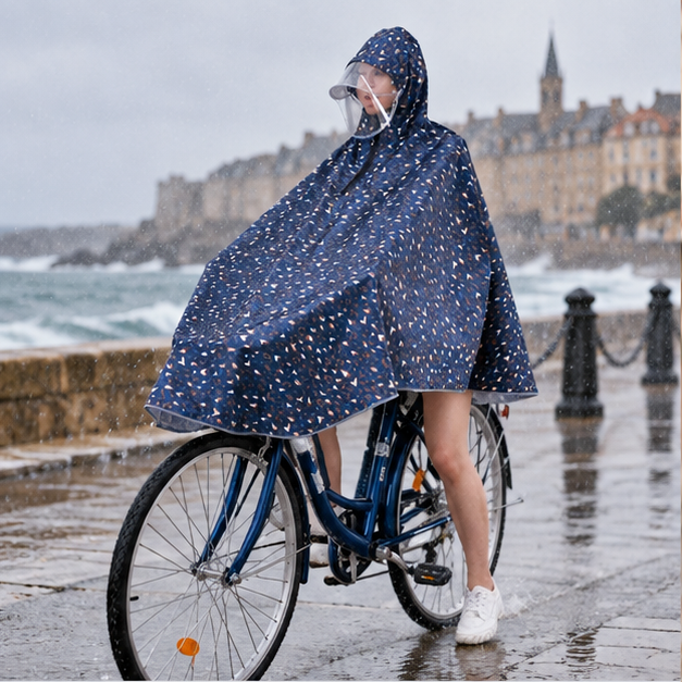Poncho De Vélo Anti Pluie – Bleu Marine / Adulte, en situation sur la côte Atlantique