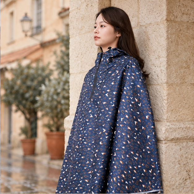 Poncho De Vélo Anti Pluie – Bleu Marine / Adulte, dans un intérieur côtier lumineux