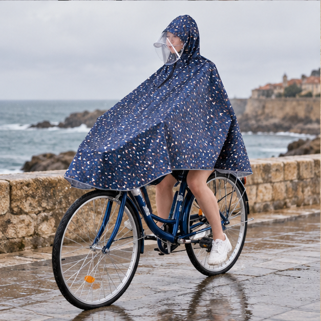 Poncho De Vélo Anti Pluie – Bleu Marine / Adulte, porté en mouvement au bord de l’océan