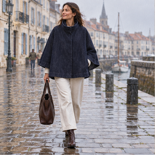 Poncho Denim – Bleu Marine / S, Bleu Marine / L, Bleu Marine / M, en situation sur la côte Atlantique