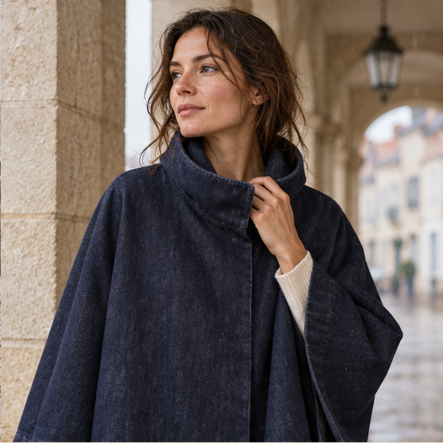 Poncho Denim – Bleu Marine / S, Bleu Marine / L, Bleu Marine / M, dans un intérieur côtier lumineux