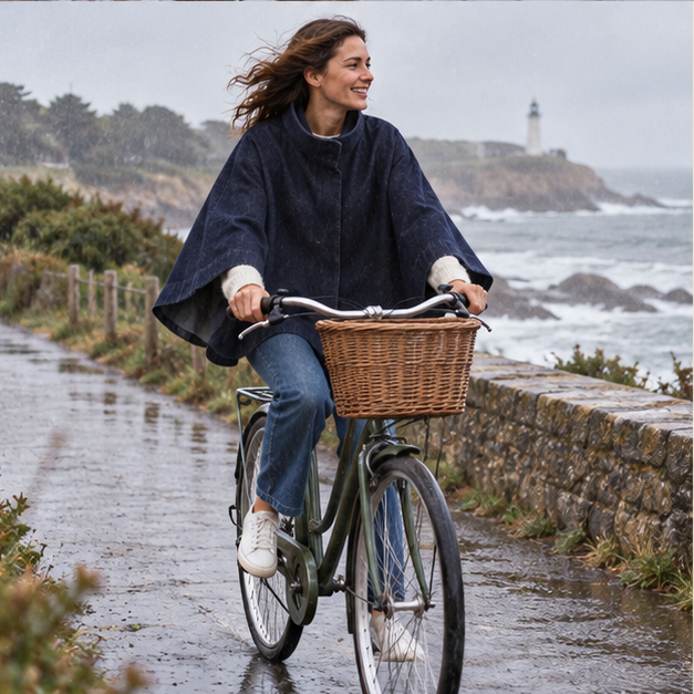 Poncho Denim – Bleu Marine / S, Bleu Marine / L, Bleu Marine / M, porté en mouvement au bord de l’océan